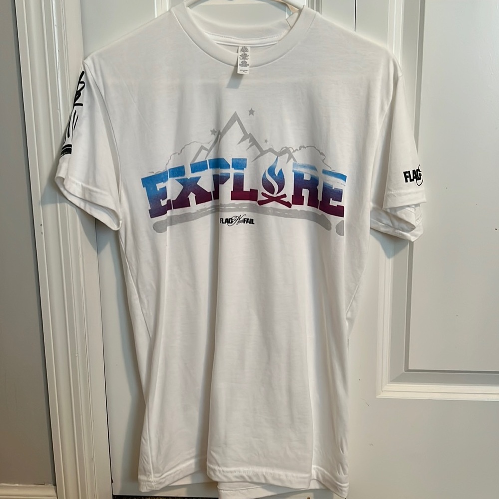 flag nor fail White Short Sleeve Tee with Blue-Purple 'Explore' Graphic